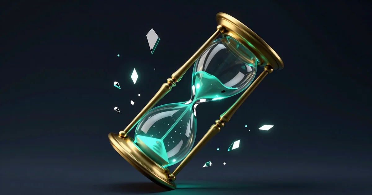 An antique brass hourglass mid-fall, transitioning into sharp glass and chrome geometric shards, dark background with teal accent lighting
