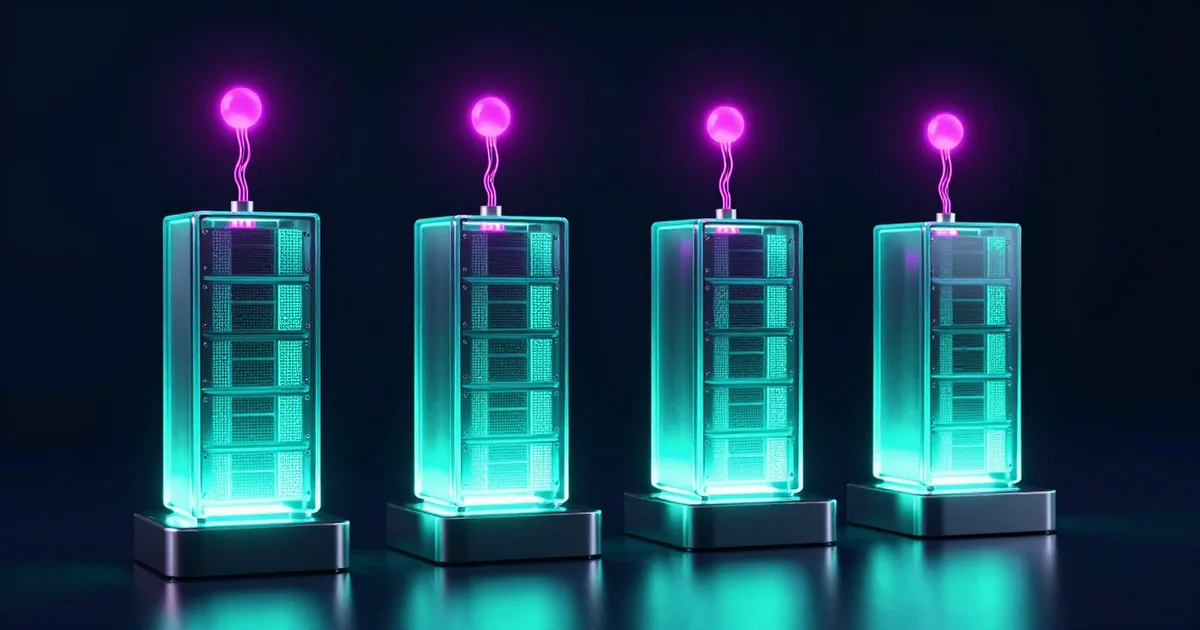 Hyperrealistic 3D render of glowing glass server-stack modules on chrome pedestals, each wired by neon lines to a single magenta node overhead, cyan and teal studio lighting on a dark near-black background