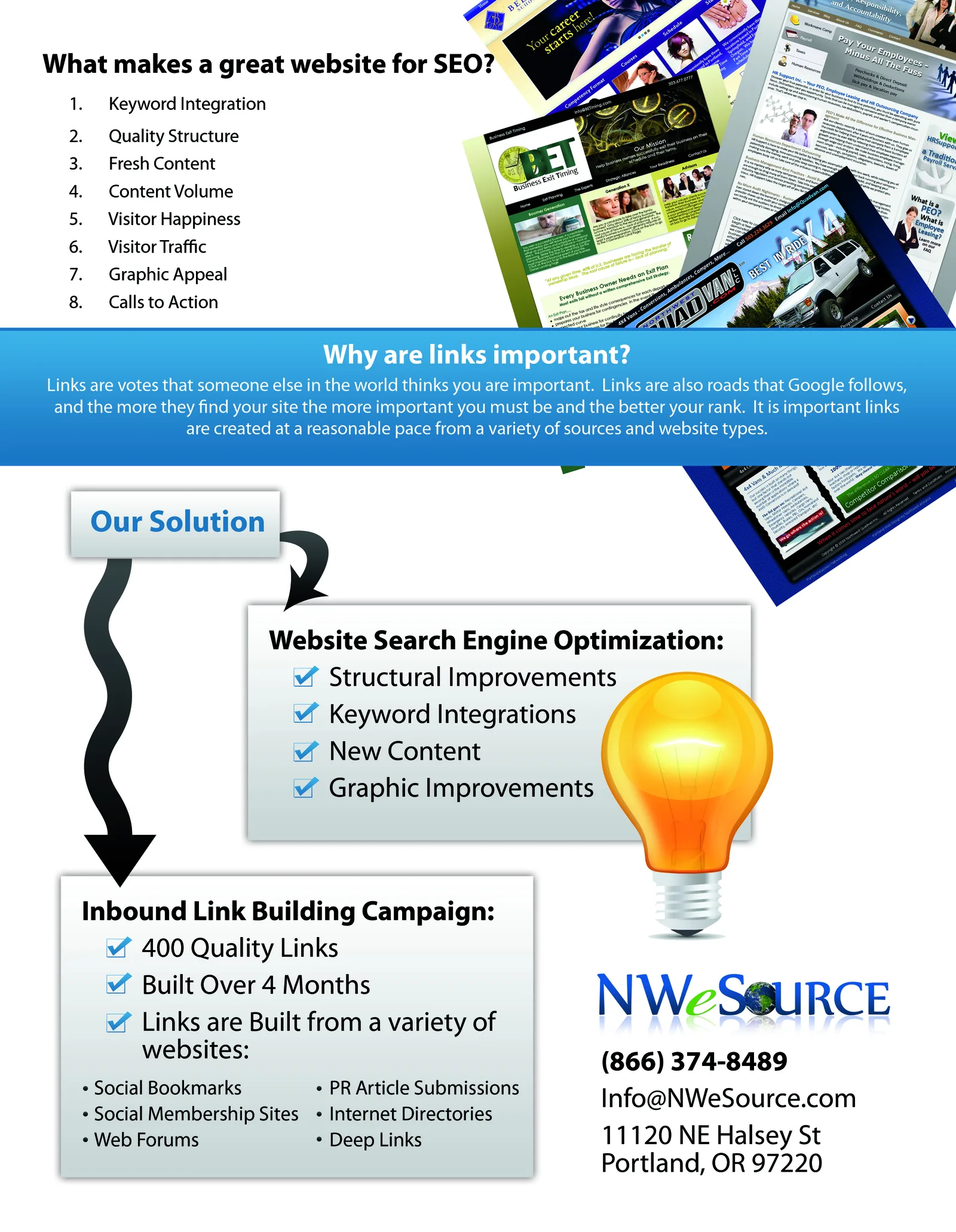 Original 2011 NW eSource SEO flyer, back: the eight-point great-website checklist and the original link-building campaign plan