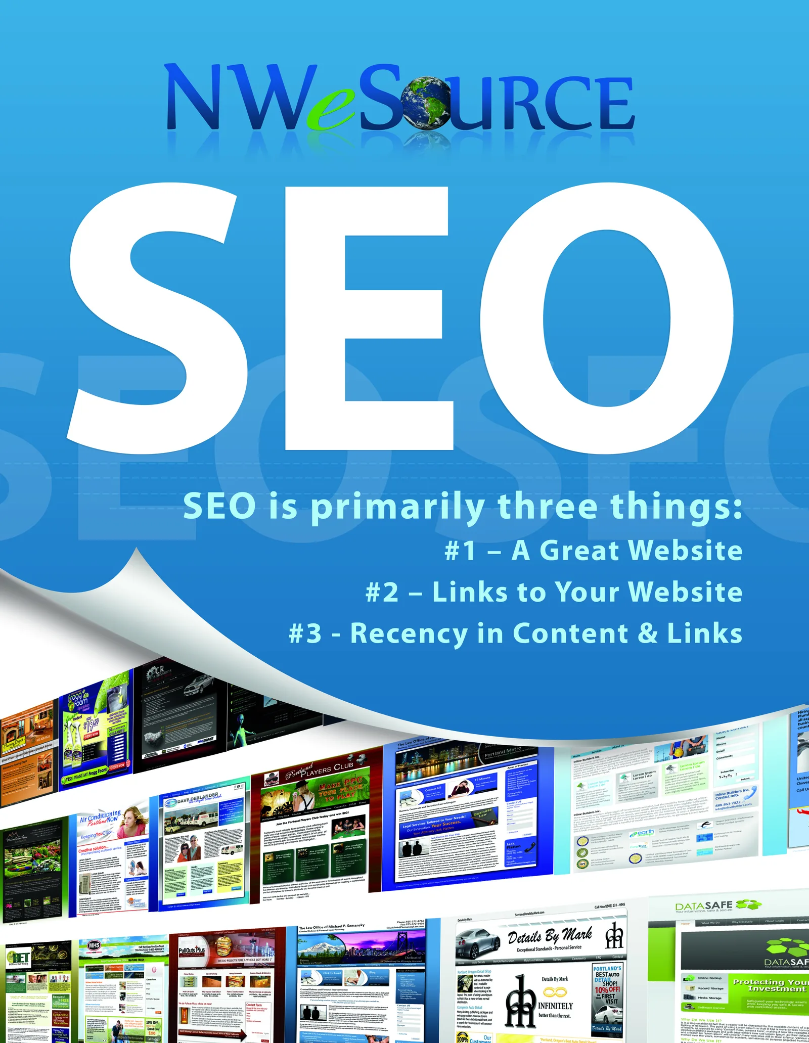 The original 2011 NW eSource SEO flyer cover: SEO is primarily three things — a great website, links to your website, and recency in content and links — over a wall of real 2011 client website thumbnails