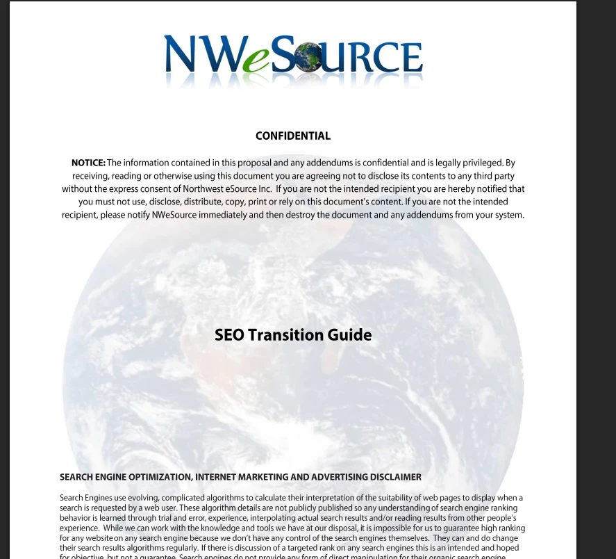 Cover page of NW eSource's internal SEO Transition Guide, marked CONFIDENTIAL with a legal notice, over a faint globe watermark