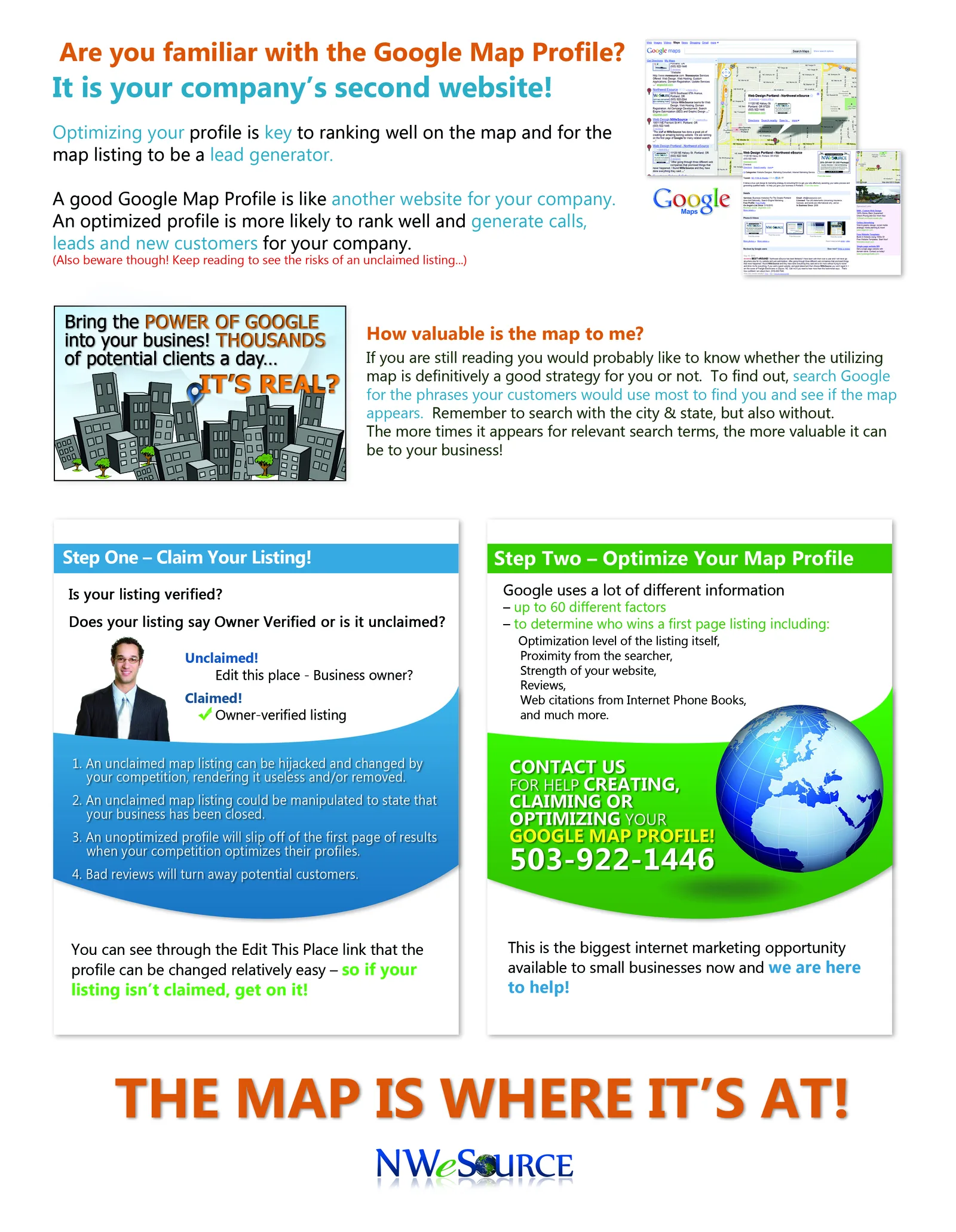 The back of NW eSource's 2011 flyer, including NW eSource's own actual 2011 Google Maps listing screenshot and two panels: Step One, Claim Your Listing, and Step Two, Optimize Your Map Profile