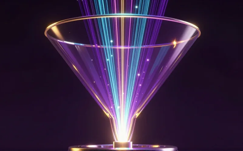 Glowing 3D sales funnel with streams of light converging to a bright point