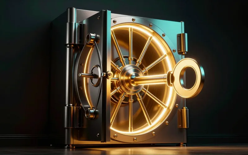Glowing chrome vault door ajar with a beam of light, a secure client portal