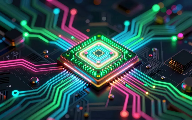 Glowing circuit board with a luminous AI core chip and streams of light