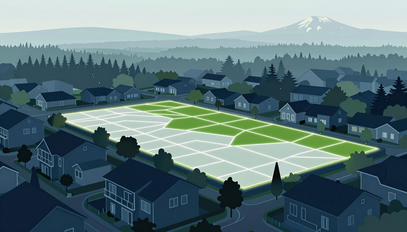 Aerial view of a Portland neighborhood divided into exclusive local-SEO territory markets, with Mount Hood on the horizon